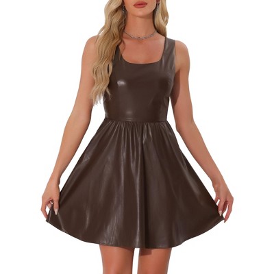 Allegra K Women's Faux Leather Sleeveless A Line Mini Party Tank Dresses