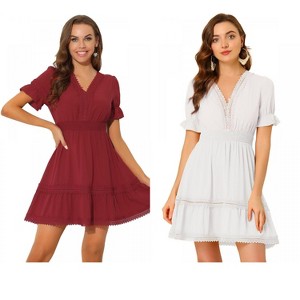 Allegra K Women's V Neck Smocked Elastic Waist Short Sleeve Boho Crochet Trim Mini Dress 2 Packs - 1 of 4