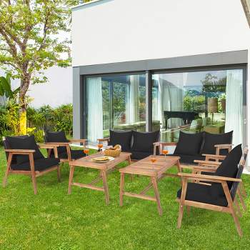 Costway 8PCS Patio Rattan Furniture Set Wooden Cushioned Sofa with Black & Turquoise Cover