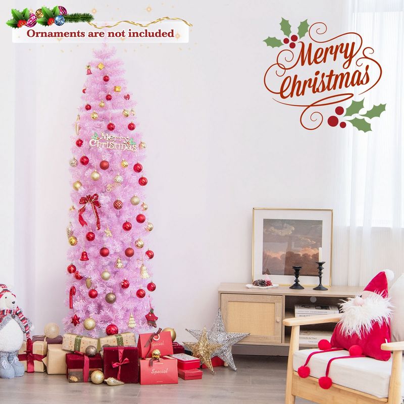 Costway 5 FT/6FT/7FT Pre-lit Christmas Tree Hinged Pencil Xmas Decoration with 190/250/350 LED Lights Pink, 3 of 11