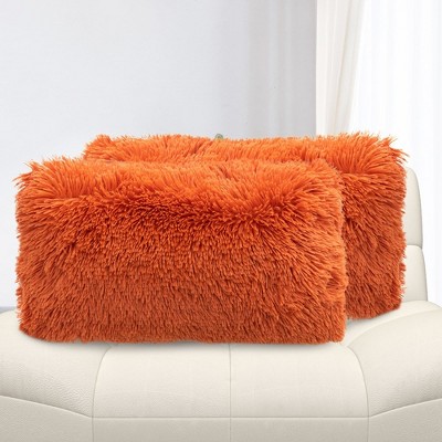 Rust Orange Shaggy Faux Fur Throw Pillows Set of 2