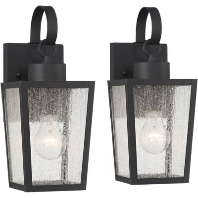 John Timberland Thebes 13 1/4" High Farmhouse Rustic Outdoor Wall Light Fixture Mount Porch House Set of 2 Textured Black Finish Clear Glass Shade