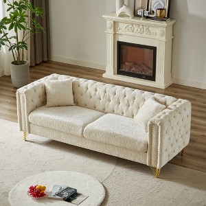 82'' Chenille Chesterfield Tufted 3-Seater Sofa with Copper Nailhead Trim, Metal Legs and Pull Buckle Design - 1 of 4