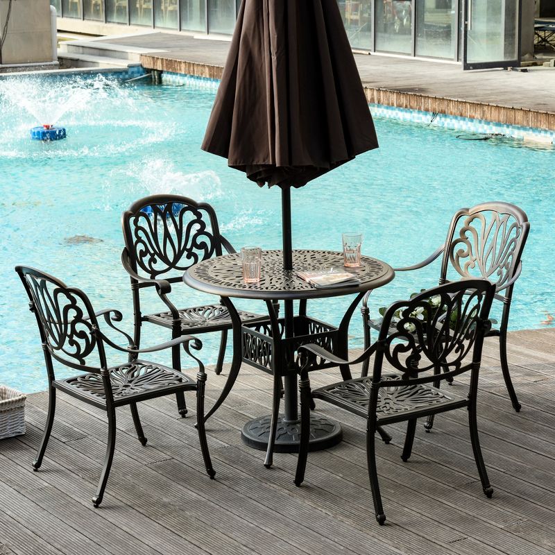Outsunny Outdoor Furniture Cast Aluminum Dining Set for 4, Round Patio Table and Chairs w/ Umbrella Hole, Stackable Design, Adjustable Feet, Bronze, 3 of 9