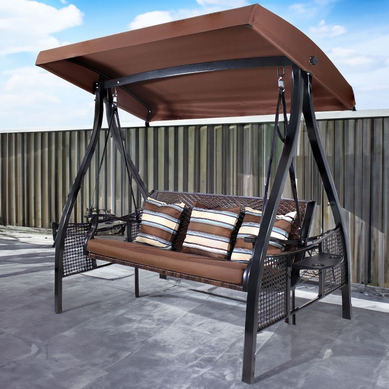 Sunnydaze Outdoor Deluxe 3-Person Patio Swing with Tilting Canopy Shade, Cushions and Side Tables, 2 of 12