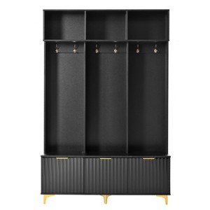 CLIHOME Modern Large Storage Hall Tree with Bench, Multi-functional Storage Bench with High Gloss Fluted Doors & 6 Gold Hooks - 1 of 4