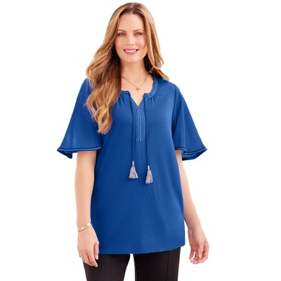 Catherines Women's Plus Size Flutter Sleeve Peasant Top