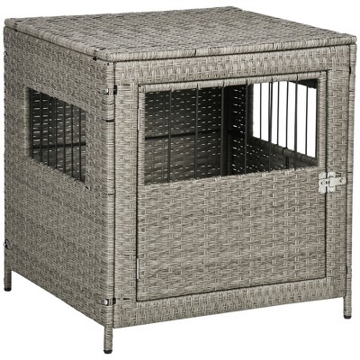PawHut Rattan Dog Crate Dog Kennel Furniture with Lockable Door and Soft Washable Cushion for Small Sized Dogs, Gray