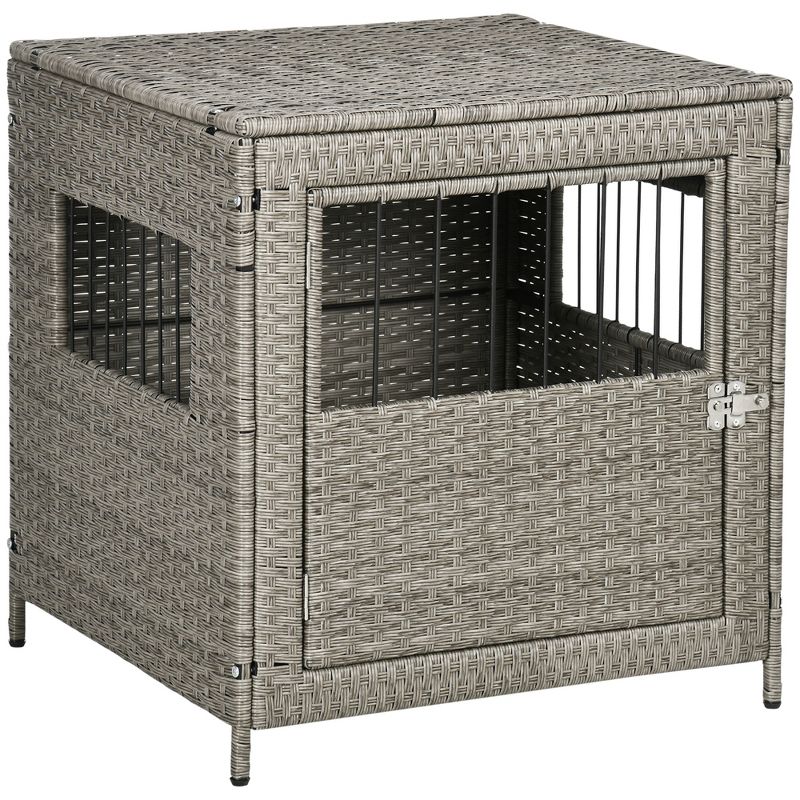 PawHut Rattan Dog Crate Dog Kennel Furniture with Lockable Door and Soft Washable Cushion for Small Sized Dogs, Gray, 1 of 7