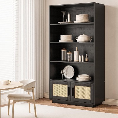Homhougo Boho Bookcase with Rattan Doors, 5 Tier Bookshelf, Wooden Bookcase and Bookshelf with Storage, Tall Book Stand, Large Bookshelf