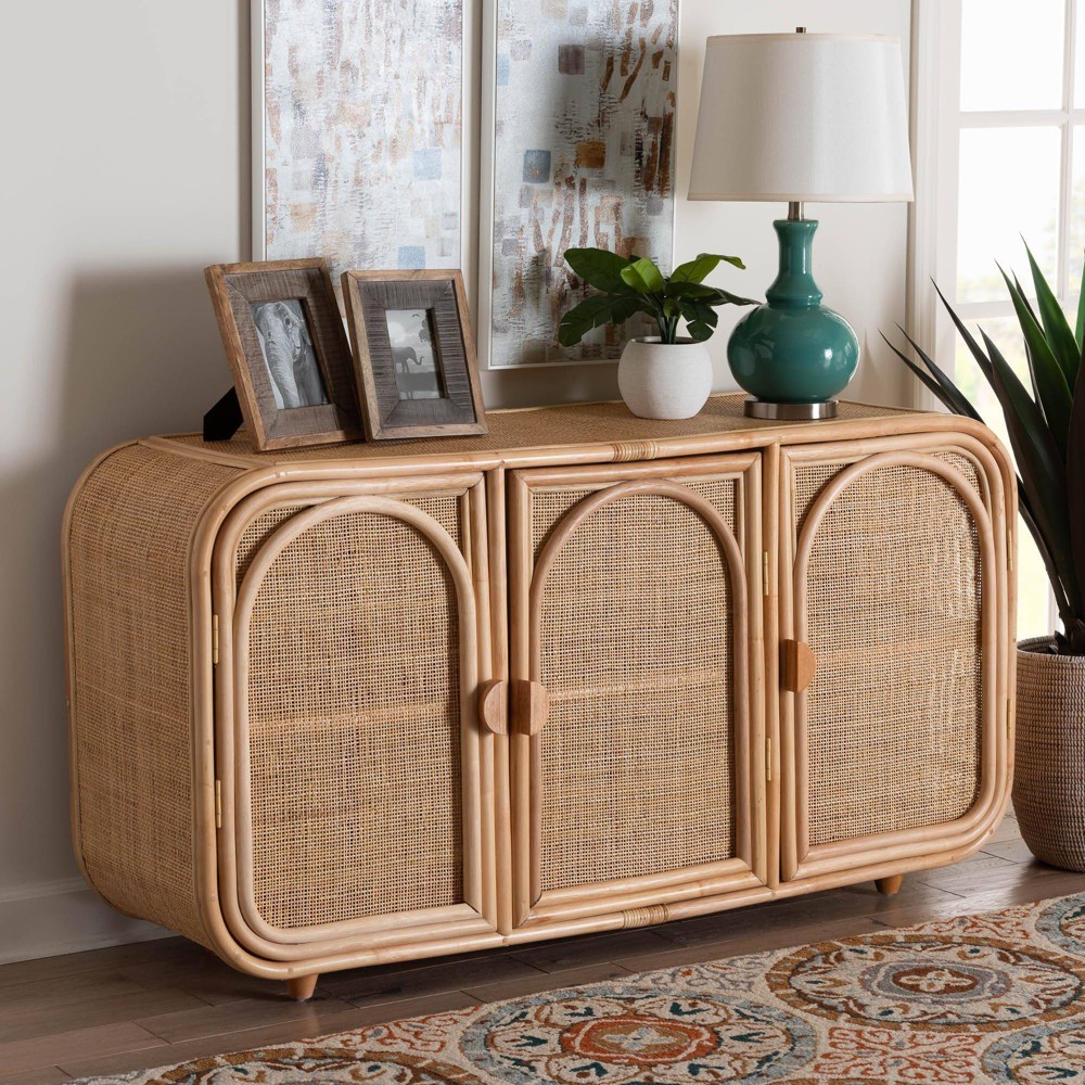 bali & pari Evania Natural Rattan 3 Door Storage Cabinet Natural