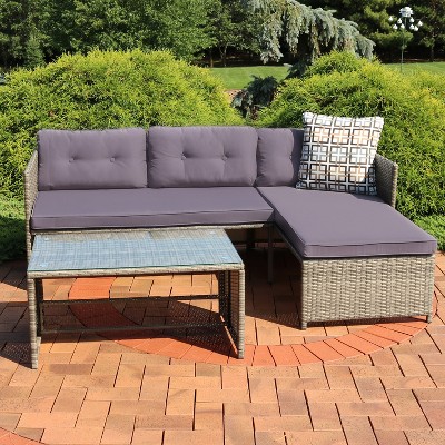 Poolside Lawn and Backyard Attractive Navy Garden HTTH 3 Pieces Patio Furniture Sets Outdoor Sectional Sofa Sectional Lounge Chaise Rattan Loveseat and Couch Cushions with Glass Table for Home