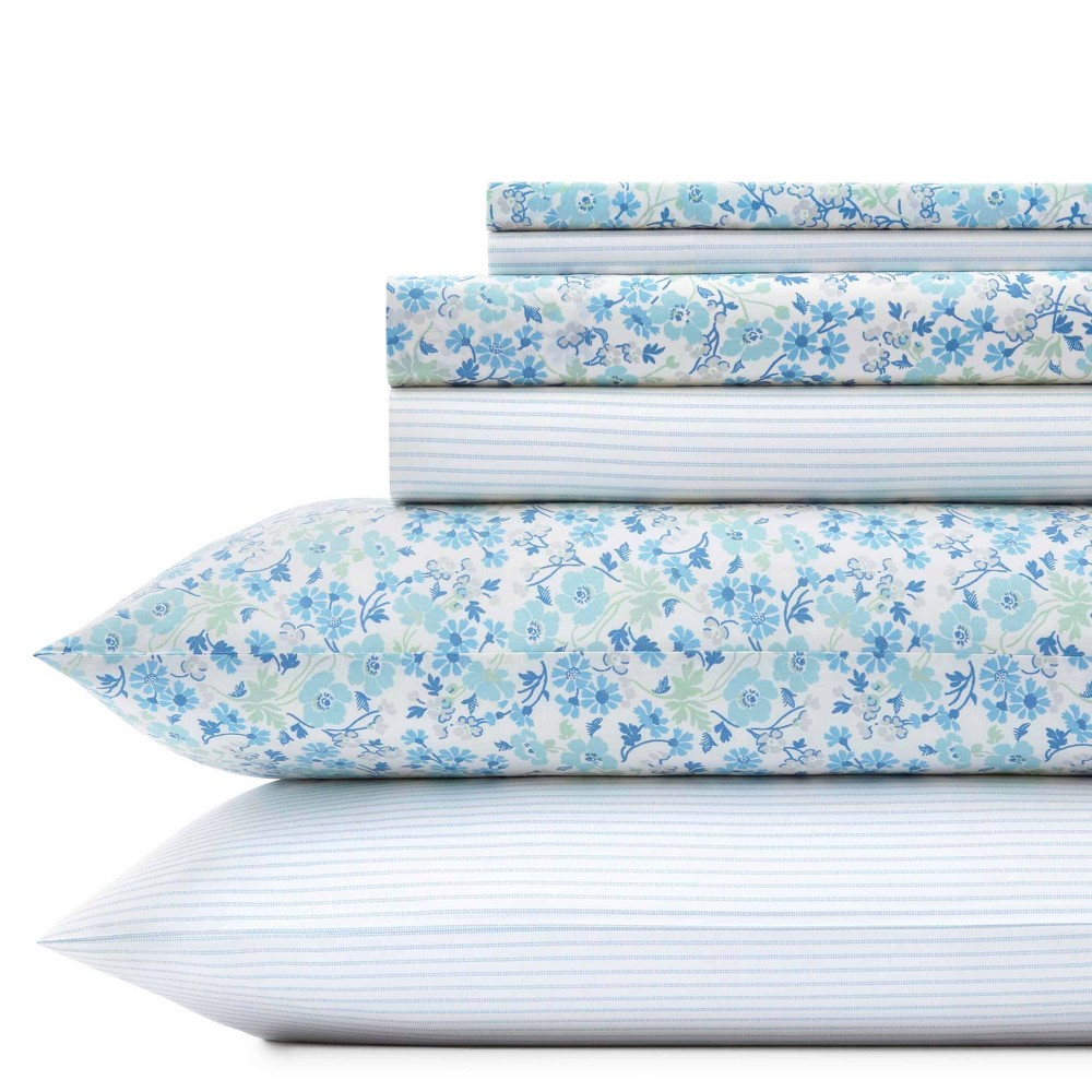 Photos - Bed Linen Queen 6pc Printed Pattern Percale Cotton Sheet Set Blue Floral - Laura Ash