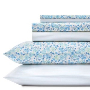 Queen 6pc Printed Pattern Percale Cotton Sheet Set Blue Floral - Laura Ashley