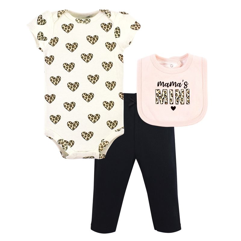 Hudson Baby Infant Girl Cotton Bodysuit, Pant and Bib Set, Leopard Hearts, 1 of 6