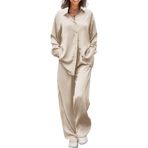 Ekouaer Womens Satin Silky Pajama Set 2 Piece Print PJs Soft Loungewear Button Down Sleepwear with Elastic Waist Long Pants - 1 of 4