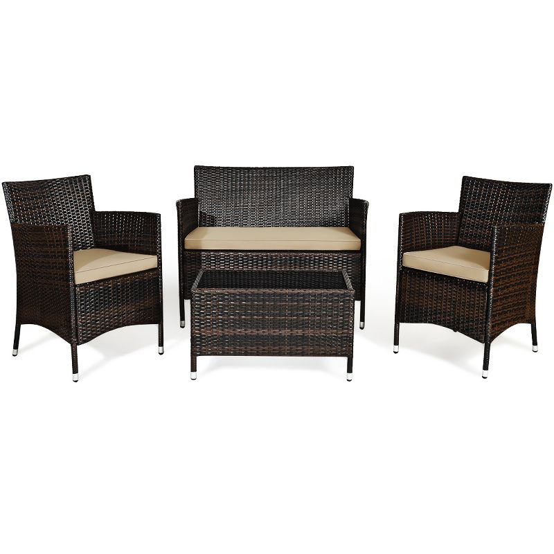 Costway 4PCS Rattan Patio Furniture Set Sofa Chair Coffee Table w/Cushion Outdoor, 2 of 11