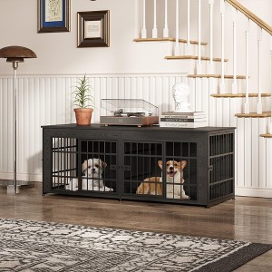 Extra Large Wooden Dog Crate Furniture With 4 Doors & Storage, Heavy ...