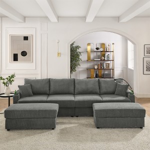 Modern 132" Corduroy U-Shaped Sectional Sofa with 2 Storage Ottomans, Cup Holders & Phone Holder - 1 of 4