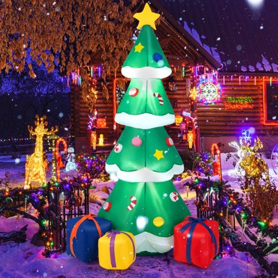 Tangkula 6FT Inflatable Christmas Tree Blow Up Xmas Tree w/ Treetop Star Colorful Candy Gift Box Built-in Bright LED Self-Inflating Holiday Decor