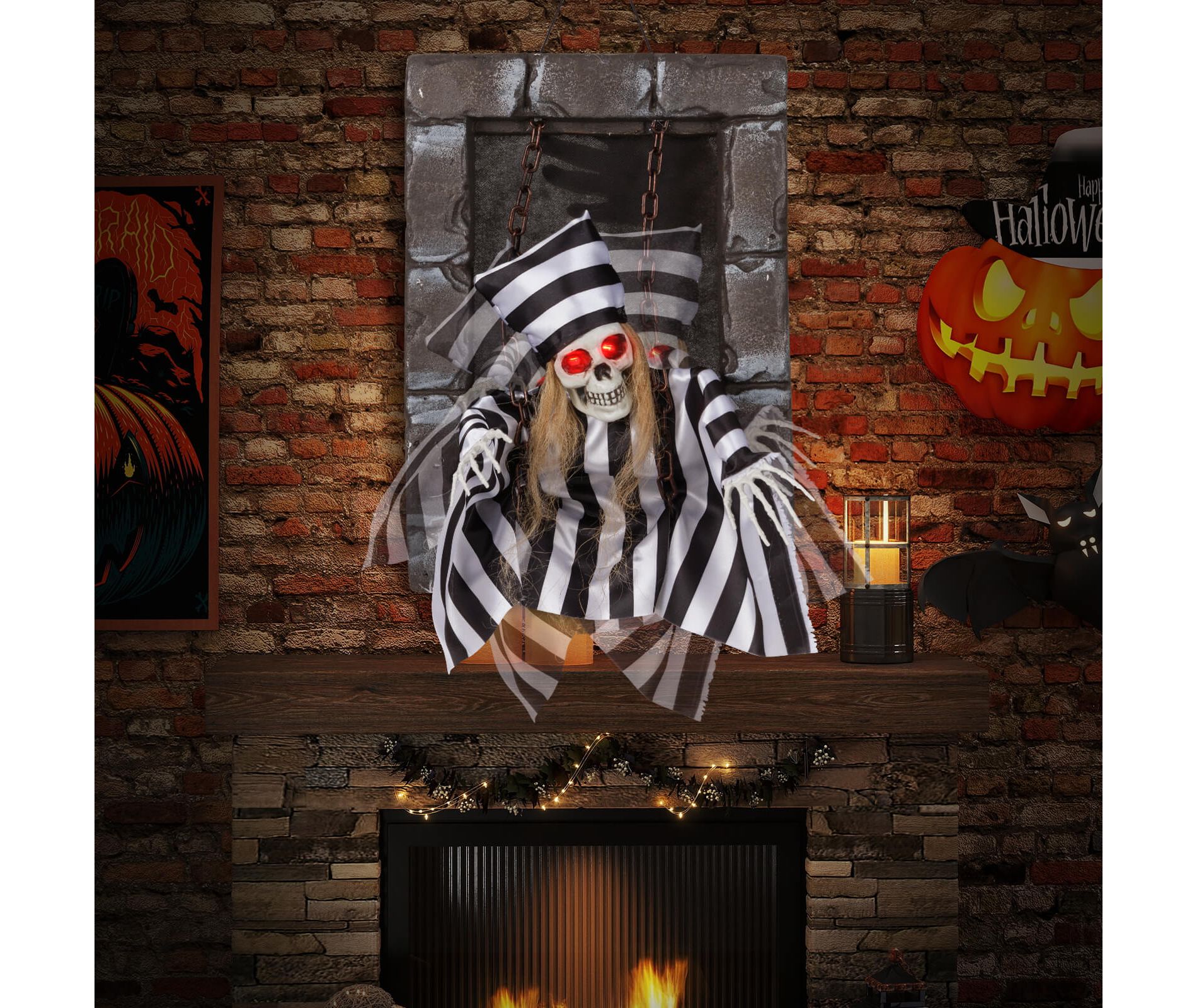 Costway Animated Halloween Decoration 18” Hanging Skull Prisoner with Light-up Eyes