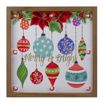 Northlight 11.8" Brown Wooden Frame "Merry & Bright" with Hanging Ornaments and Glitter Christmas Plaque