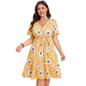 YESFASHION Women Plus Size V Neck Wrap Dress High Waisted Short Sleeves Casual Summer Midi Dress with Belt - 1 of 4