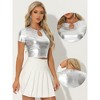 INSPIRE CHIC Women's Keyhole Metallic Short Sleeve Party Shiny Holographic Crop Top - 2 of 4