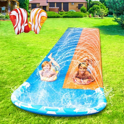 Joyfy 22.5ft Slip Water Slide with 2 Bodyboards, Summer Double Lawn Water Slip with Build in Sprinkler for Backyard