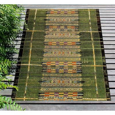 Marina Tribal Stripe Green Synthetic 3'3" x 4'11" Indoor/Outdoor Rug