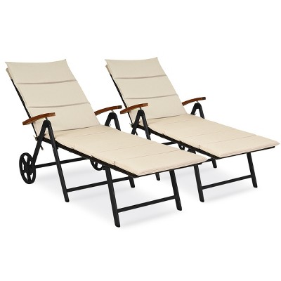 Tangkula 2PCS Folding Outdoor Rattan Chaise Lounge Chair Cushioned Recliner with Wheels& Cushions