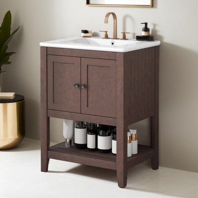 24" Modern Sleek Bathroom Vanity with Elegant Ceramic Sink,Solid Wood and MDF Bathroom Cabinet Frame with Open Bottom Shelf - Leovsnove