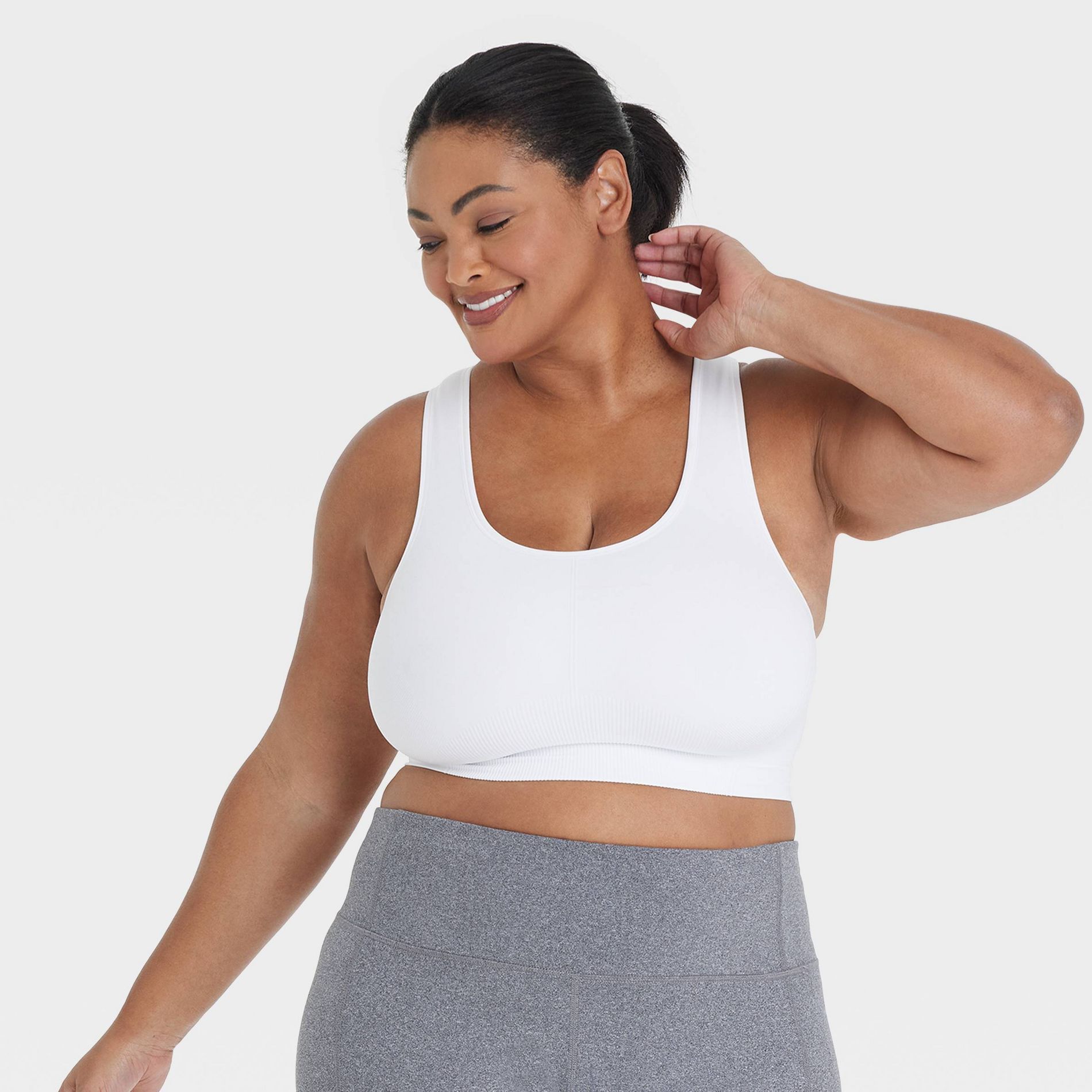 Women's Seamless Medium Support Racerback Midline Sports Bra - All In Motion™ White S: Removable Padding, Knit