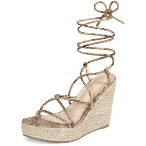 BLISSFUL STEP Women's Snake Print Open Toe Lace Up Wedge Sandals - 1 of 3