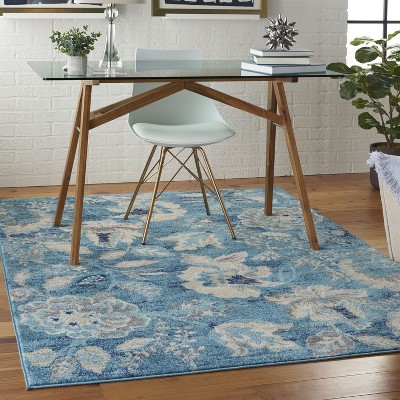 Turquoise Floral Synthetic 6' x 9' Rectangular Area Rug