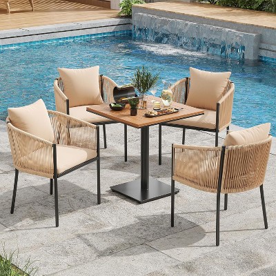 VisioGear Patio Accent Table Sets, 5 Pieces Outdoor Dining Set with Cushions, Patio Chair with Square Table for Lawn, Brown, 22.05"*24.41"*30.71"