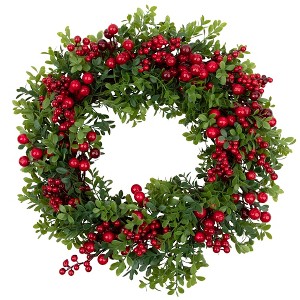 Northlight Red Berry and Boxwood Artificial Christmas Wreath - 20" - Unlit - 1 of 4