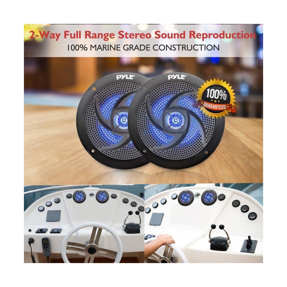 Pyle 4'' Low-Profile Waterproof Marine Speakers with Built-in Blue LED Lights, 100 Watt Max Power Output, 2-Pack - thumbnail 6