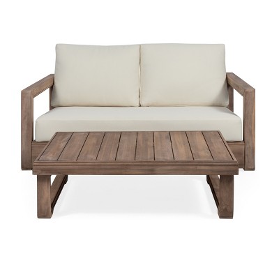 GDFStudio Andrae Outdoor Acacia Wood Loveseat and Coffee Table Set with Cushions