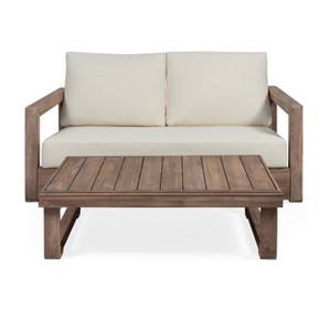 GDFStudio Andrae Outdoor Acacia Wood Loveseat and Coffee Table Set with Cushions - 1 of 4