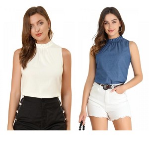 Allegra K Women's Sleeveless Frill Mock Neck Ruffle Chambray Blouse 2 Packs - 1 of 4