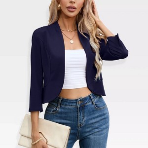 Womens 3/4 Sleeve Blazer Jacket Open Front Cropped Business Blazer Figure Flattering Jacket Pelplum Jackets - 1 of 4