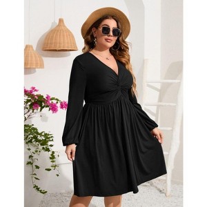 Coolmee Women's Plus Size Dress V Neck Long Sleeve Front Knotted Elastic Elegant Dress A Line Knee Length Midi Dress - 1 of 4