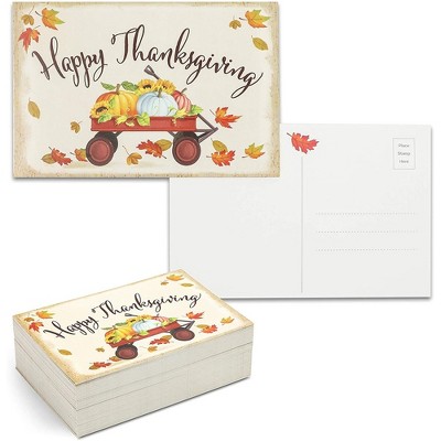 Pipilo Press 96 Pack Thanksgiving Postcards for Fall, Happy Thanksgiving Cards with Wagon, Pumpkin, Maple Leaves Design, 6x4 Inches