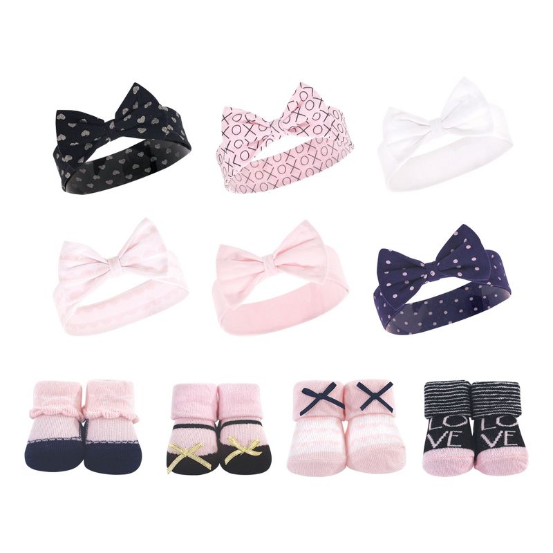 Hudson Baby Infant Girl 10Pc Headband and Socks Set, Pink Polka Dot Love, 0-9 Months, 1 of 4