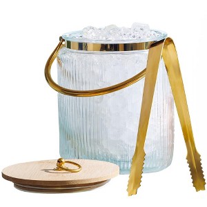 Le'raze Glass Ribbed Beverage Ice Bucket Tub with Airtight Lid, Gold/Bronze Ice Tong Scooper, and Handle - 3L. - 1 of 4