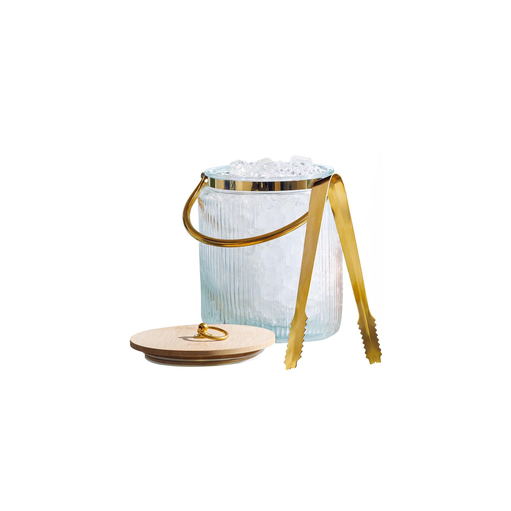 Le'raze Glass Ribbed Beverage Ice Bucket Tub with Airtight Lid, Gold/Bronze Ice Tong Scooper, and Handle - 3L.