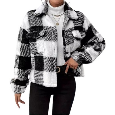 Coolmee Women's Flannels Cropped Shacket Jacket Fashion Plaid Button Down Fall Coat Tops