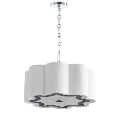 Polished Chrome 20" Drum Pendant with Scalloped Linen Shade and LED Bulbs