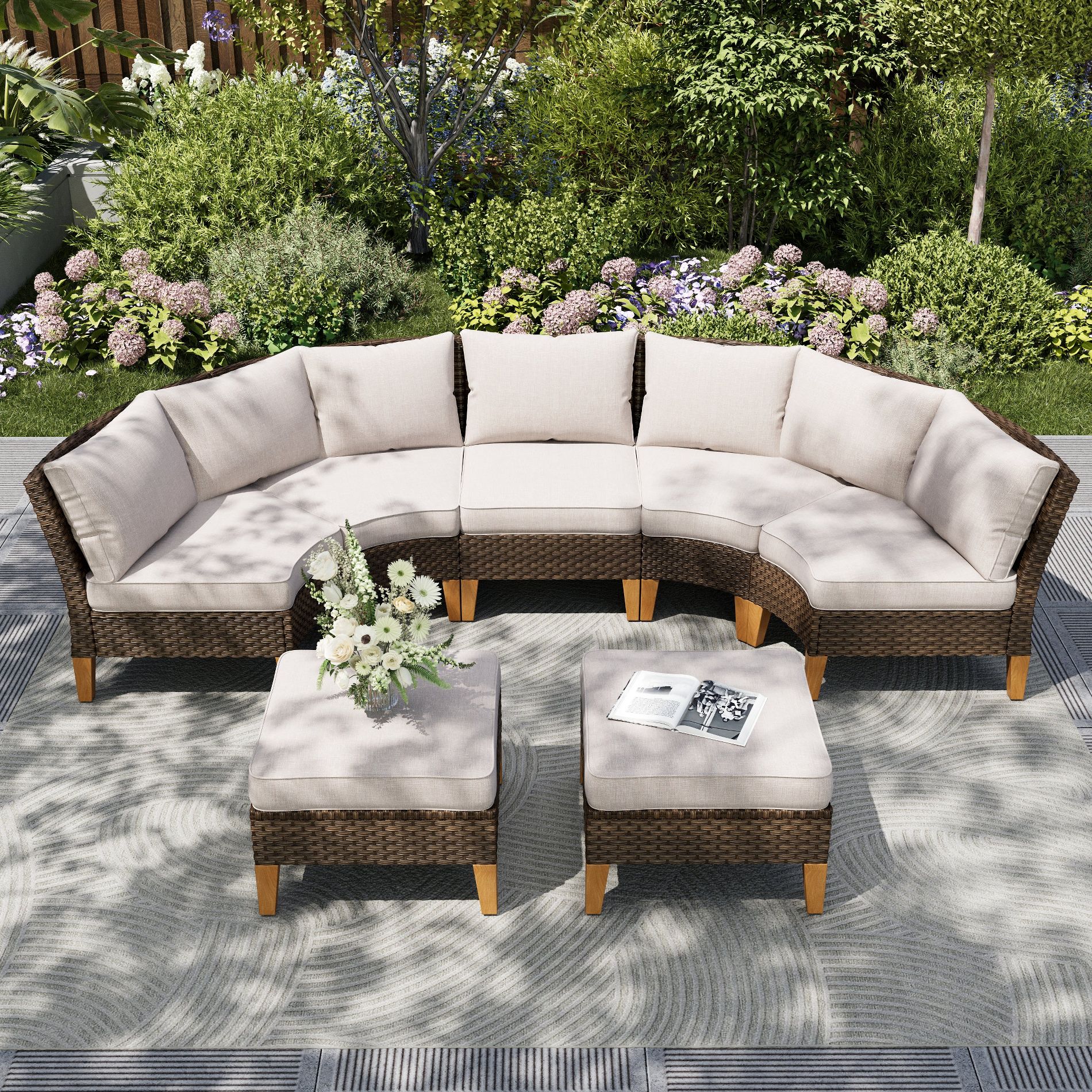 Captiva Designs 7pc Outdoor Wicker Rattan Patio Half-Moon Curved Sectional Sofa Set with Cushioned Ottoman Beige